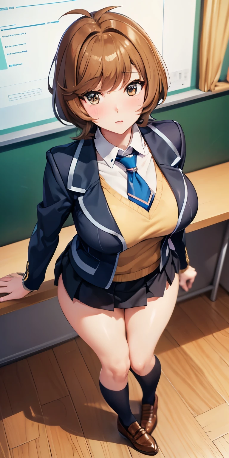 1 Female,High definition,high resolution,Ultra-realistic,8K, hmza, short hair, antenna hair, brown eyes, school uniform, blue necktie, yellow shirt,black jacket, long sleeves, black skirt,tight skirt, miniskirt, large breasts, brown shoes,large breasts,European,sexy,Upper body close-up,Photographed from the front,Dynamic Angles,private teacher,A little sheer underwear,blue underwear,blush, big tits ,(top view),(full body), perfect face,cute face, weaving 