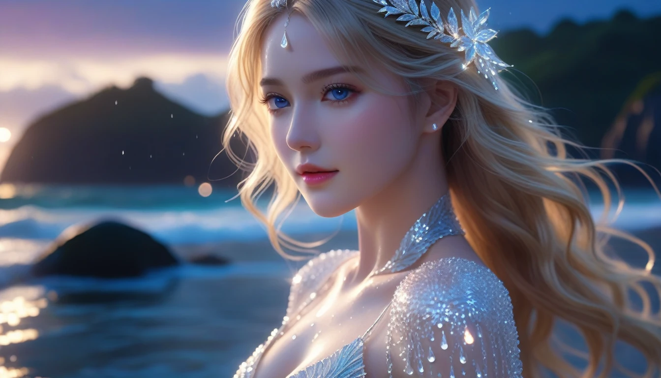 A Masterpiece In 32K Resolution, Supreme Quality, Super Detail, Official Art, Cinematic Lighting, Beautiful And Aesthetic, Very High-Resolution 32K Wallpaper.
A Girl With Crystal-Textured Skin, A Cold Look, And Smooth Movement, Adorned With An Attractive Pattern And Dressed Sensually To Highlight Her Ample Breasts. (Sparkling Raindrops) (Beach in Background), Dewy and Luminous Skin, Soft and Introspective Look, Pale Golden Hair, Long with Loose Waves, Violet Eyes, Peaceful Pose, Delicate and Ethereal, Gentle Tide, ((Intricate Eye Details)), Extremely Detailed, Moody Cinematic Lighting, ((Subtle Smile)), Calm Ocean Surface, (Original Portraits), Super Detailed, Incredibly Detailed, (An Otherworldly and Tranquil Beauty), Vivid Eyes, Upper Body, Facing Slightly Away, Mystically Quiet, Front View.