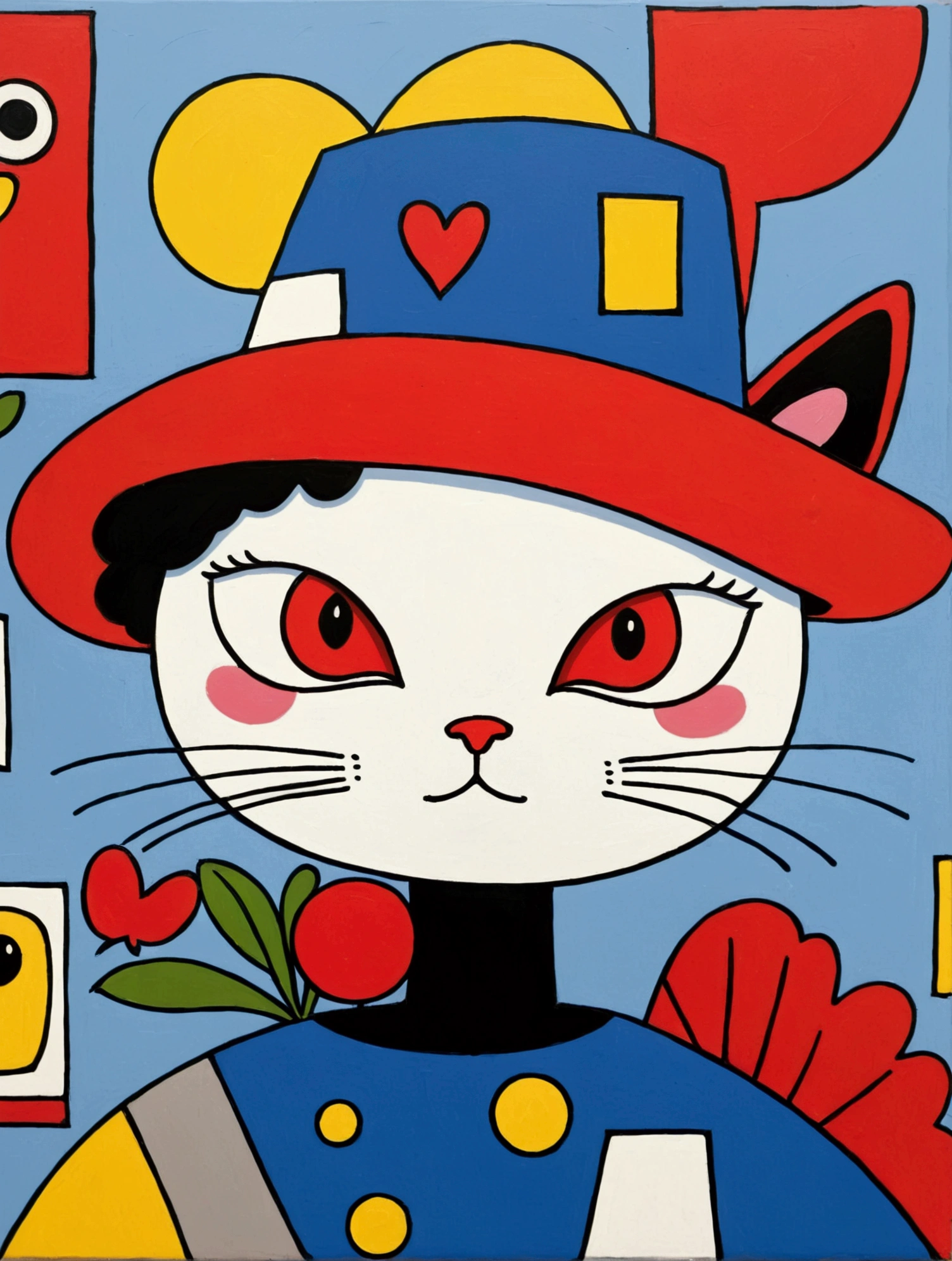 in the style of Thierry Noir（artist），
a painting with a funny looking cat with a hat holding a red bird , in the style of de stijl, playful cartoons, monumental figures, vivid birdlife, maquette, fine lines, childlike innocence 