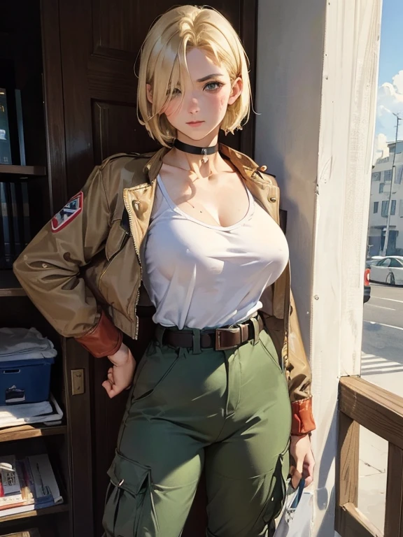 Realistic girl. 3d. Detailed. detailed hairstyle, hair light, Short Hair Hair, with short blonde hair, light blonde hair. Yellow eyes. Jolly Girl. Military jacket. Military style. khaki. bellybutton. hason. Army pants. khaki. Wide strap, belts, Straps. Weapon on the belt. pistol on the belt. Holster. wolf ears, wolf tail. gloomy background. Dark background.
