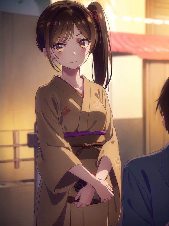 (RAW photo, best quality), masterpiece, an extremely delicate and beautiful, extremely detailed, 2k wallpaper, Amazing, finely detail, extremely detailed CG unity 8k wallpaper, ultra-detailed, highres, soft light, beautiful detailed girl, extremely detailed eyes and face, beautiful detailed nose, beautiful detailed eyes, cinematic lighting, perfect anatomy, beautiful body, light smile, 1girl, solo, light brown hair, brown eyes, long hair, hair tied behind back, kimono, japanese clothes, looking at viewer