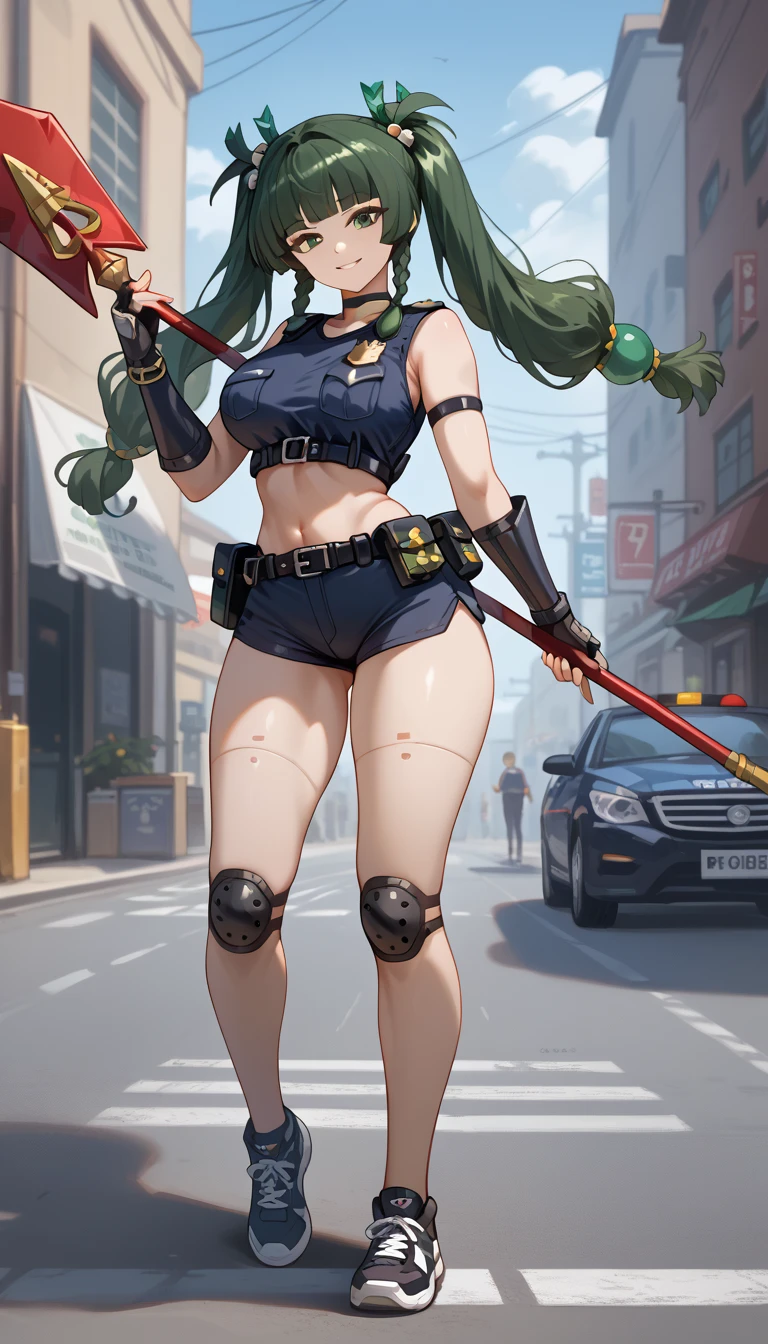 ultra-detailed, 1girl, qingyi, Zenless Zone Zero, (best quality), ((masterpiece)), (highres), 16K, green eyes, green hair, long hair, twintails, blunt bangs, hair bobbles, side braids, hair ornament, robot joints, choker, police uniform, knee pads, elbow gloves, black sneakers, gauntlets, fingerless gloves, bootyshorts, busty body, large breasts and a beautiful ass, showcasing cleavage, legs, hips, holding spear, looking at viewer, smile, detailed full body, thigh details, street background