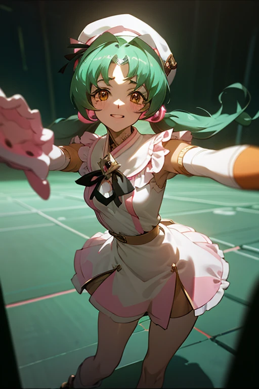 {best quality:1.5}, {very aesthetic:1.5},(beautiful :1.3),volumetric Lighting,looking at viewer,contrapposto,lan faniel, anime screencap, 1 girl, Green solo, green hair, pink dress, hat, ball hair accessories, Long hair, twintail, hair ornament, Dress,  orange Eyes, blushing, high res, detailed face, detailed eyes, Seductive Eyes, Seductive Smile, happy, smile,(centered,scale to fit dimensions, Rule of thirds),(masterpiece), high quality, intricate details,8k, cell shading, screen capture, anime, hungry clicker easynegative, ng_deepnegative_v1_75t