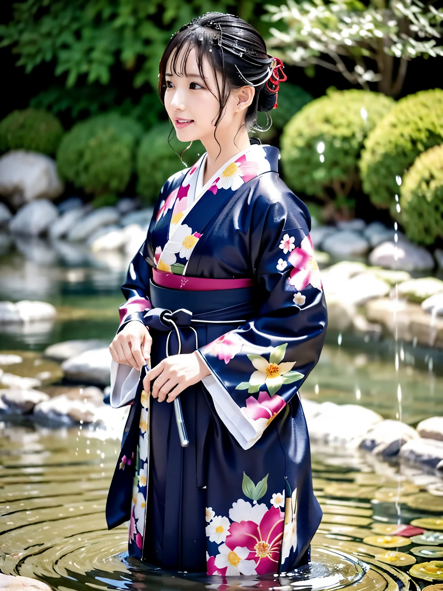 Realistic, long-sleeved kimono, hakama, long hakama, floral patterned kimono, wet clothes, soaking wet clothes, wet and shiny clothes, clothes with a wet texture, clothes that stick to the body, immersed in a river, playing in a fountain, bathing in water, getting water poured over them, getting soaked