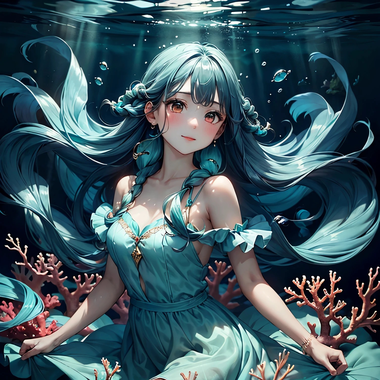 Anime girl in a blue dress sitting on a coral reef - SeaArt AI
