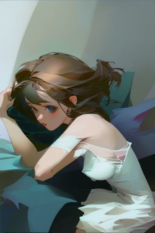 White woman in black stockings with legs open，lying on back on bed，There is love in the eyes，Drooling in the mouth。