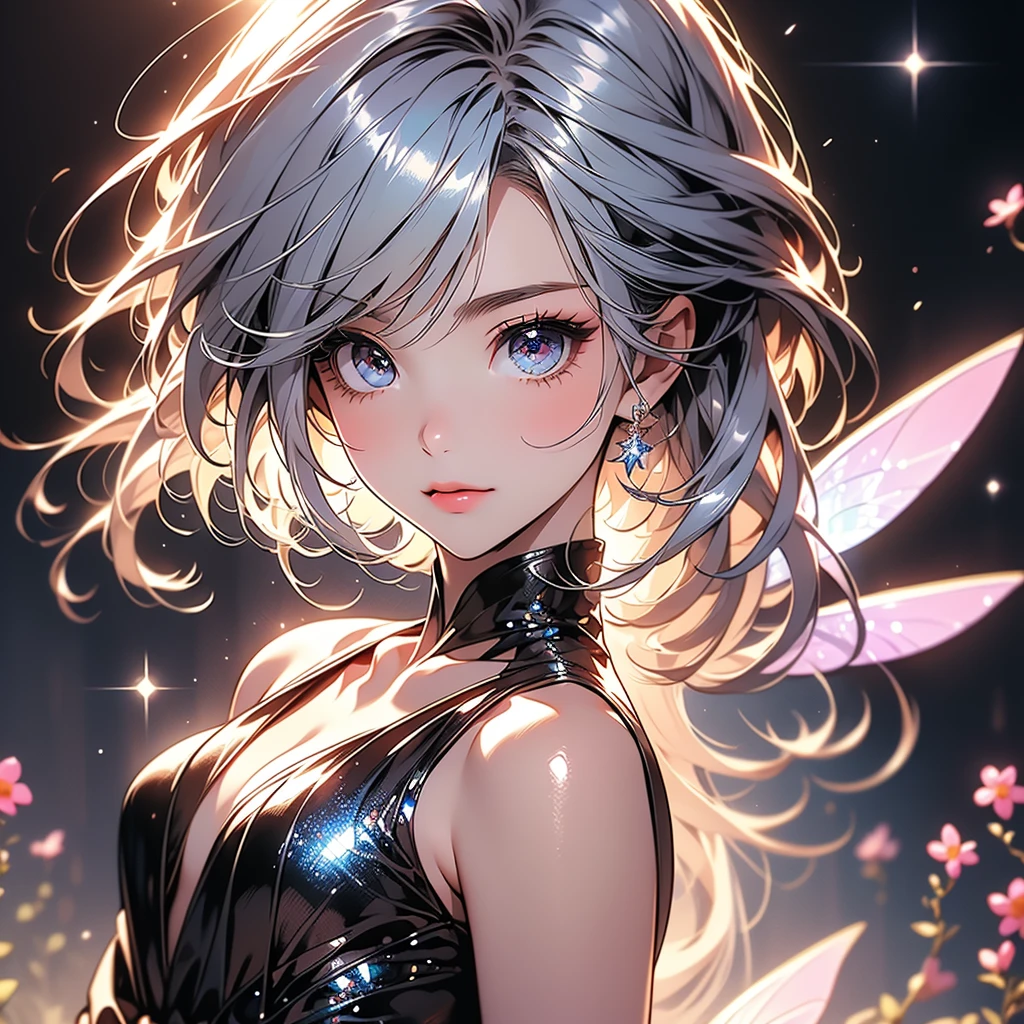 1girl,Handsome face、Absurd、Mysterious、(((The best composition、Best Quality、Masterpiece、Official Art、Super detailed、32K、CG、HD、High resolution、High definition、Perfect Anatomy)))、Gentle light source、Shiny skin、diamond、hologram、（Shiny Hair、Gradient Hair、Multicolored Hair）、cute、cute、Long eyelashes、double eyelid、（Complex Eyes、Sparkling eyes）、Small fairy wings growing from her waist、シンプルな🌸の背景、Cowboy Shot、