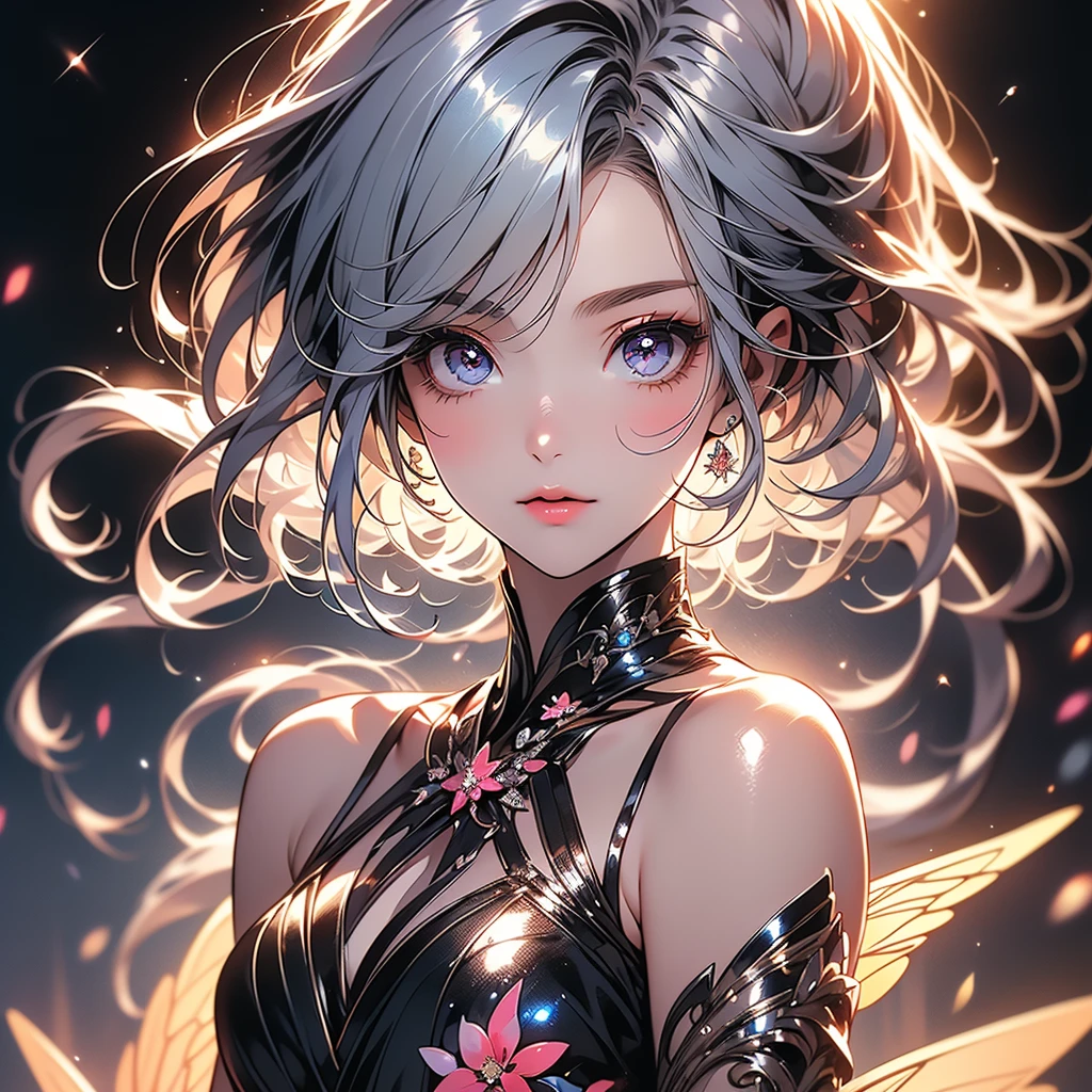 1girl,Handsome face、Absurd、Mysterious、(((The best composition、Best Quality、Masterpiece、Official Art、Super detailed、32K、CG、HD、High resolution、High definition、Perfect Anatomy)))、Gentle light source、Shiny skin、diamond、hologram、（Shiny Hair、Gradient Hair、Multicolored Hair）、cute、cute、Long eyelashes、double eyelid、（Complex Eyes、Sparkling eyes）、Small fairy wings growing from her waist、シンプルな🌸の背景、Cowboy Shot、