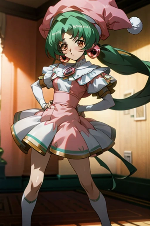 {best quality:1.5}, {very aesthetic:1.2},(beautiful :1.3),facing viewer,Beaming,contrapposto,put hands on hips,lan faniel, anime screencap, 1 girl, Green solo, green hair, pink dress, hat, ball hair accessories, Long hair, twintail, hair ornament, Dress,  orange Eyes, blushing,bad quality,worst quality
