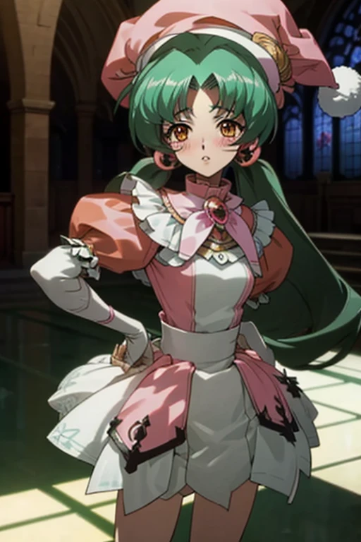 {best quality:1.5}, {very aesthetic:1.2},(beautiful :1.3),facing viewer,Beaming,contrapposto,put hands on hips,lan faniel, anime screencap, 1 girl, Green solo, green hair, pink dress, hat, ball hair accessories, Long hair, twintail, hair ornament, Dress,  orange Eyes, blushing,bad quality,worst quality
