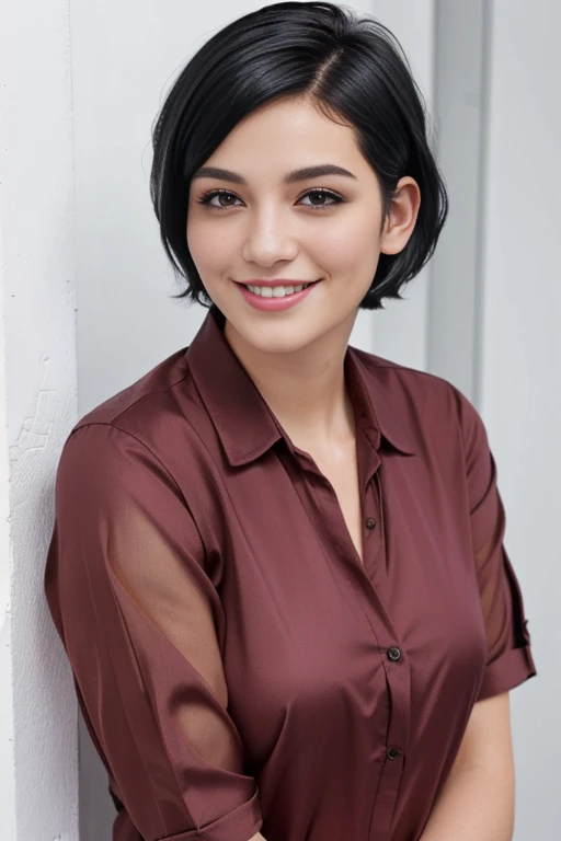 High resolution, smile, Short hair, High resolution, masterpiece, Anatomically correct, the best quality, High details, Short hair, black hair, smile, happy, gradient eyes, 