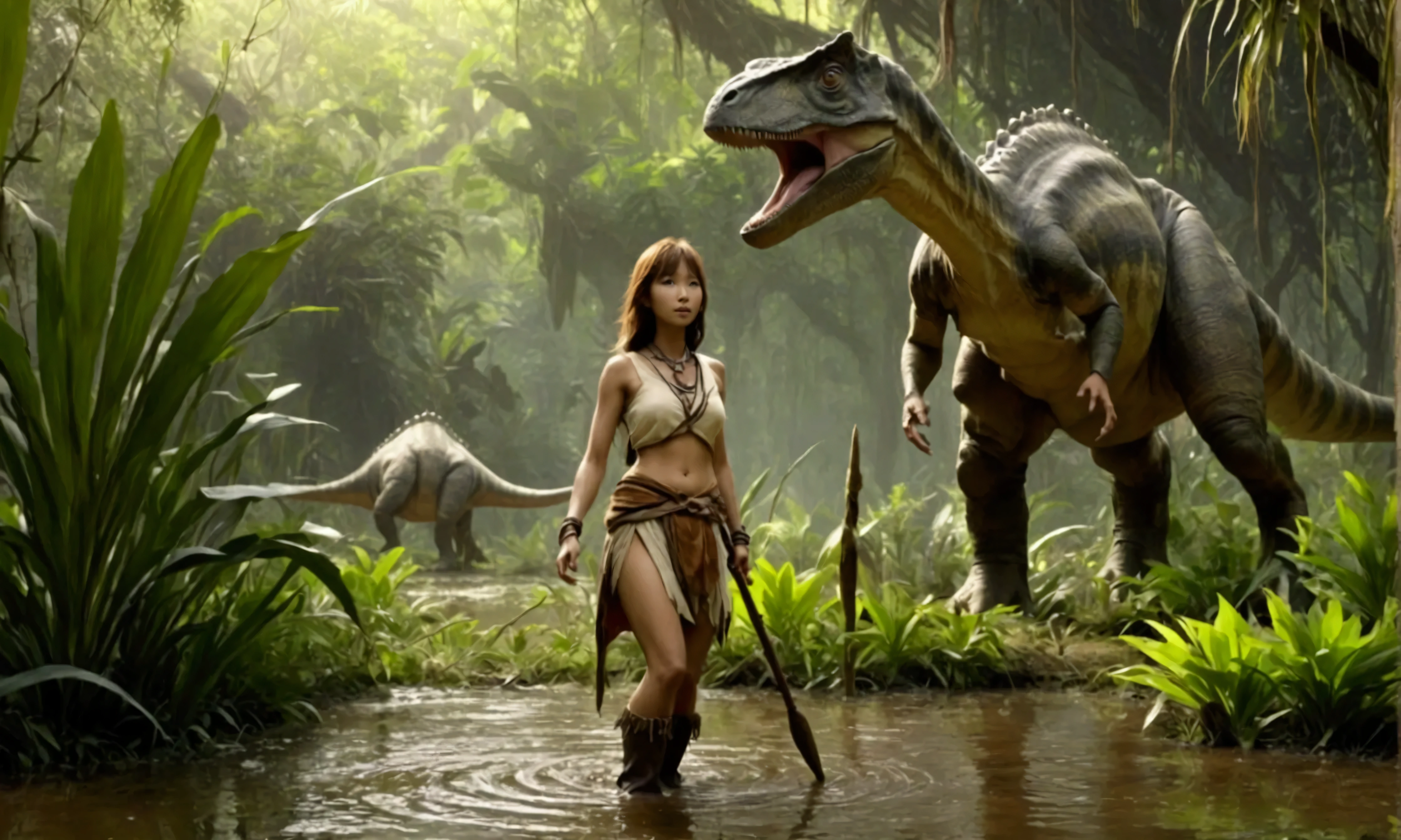 Long necked dinosaurs eat plants out of swampy water, cute yuna leads a primitive tribe of hunter lesbians (spears, dinosaur hide tunics, hide boots), dawn primal swamp
