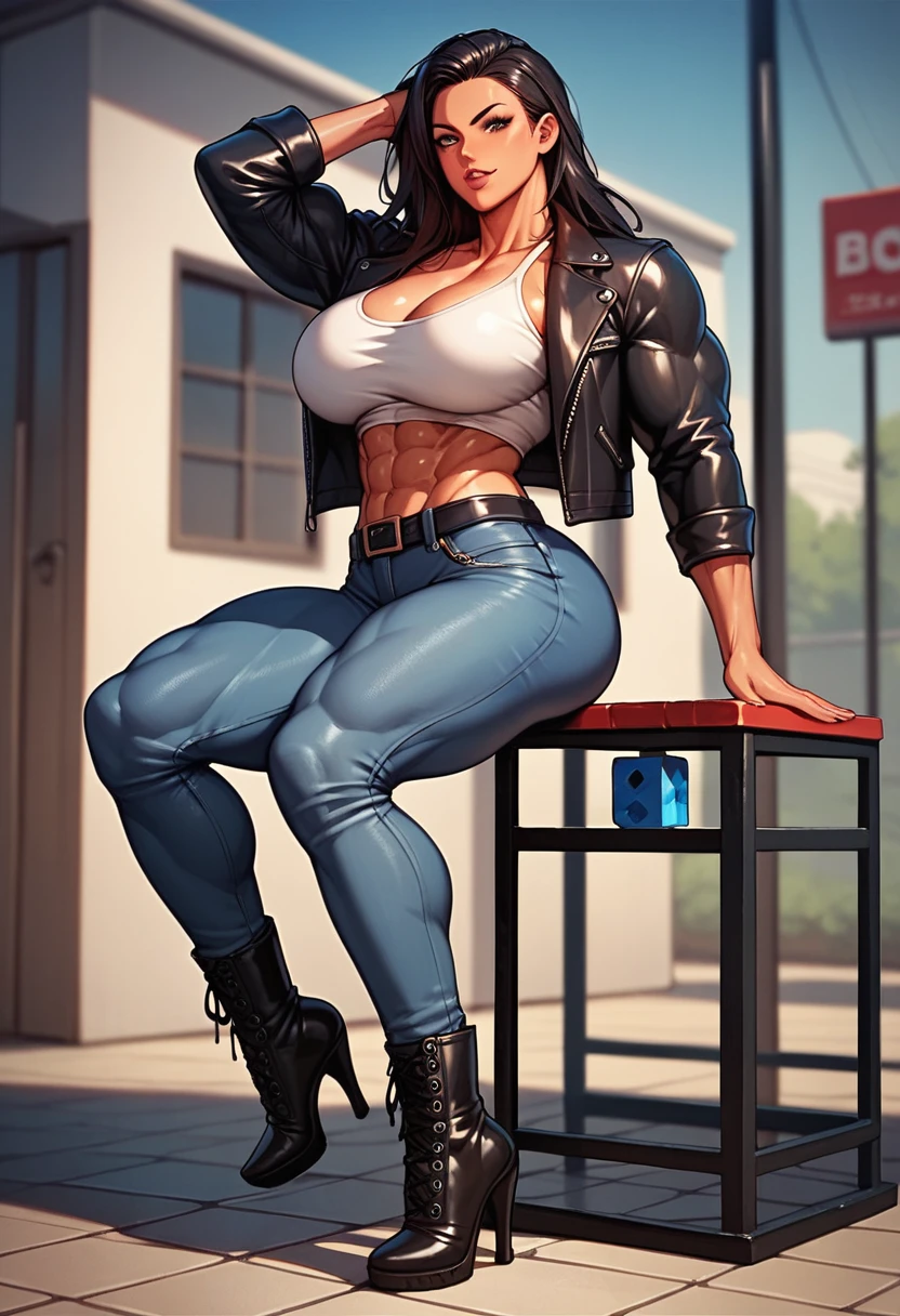 sexy woman wearing blue skinny jeans and black leather jacket, black belt, black high heeled boots with block heel, white t shirt, large breasts, large ass, muscular body, 8 pack abs, large muscles 