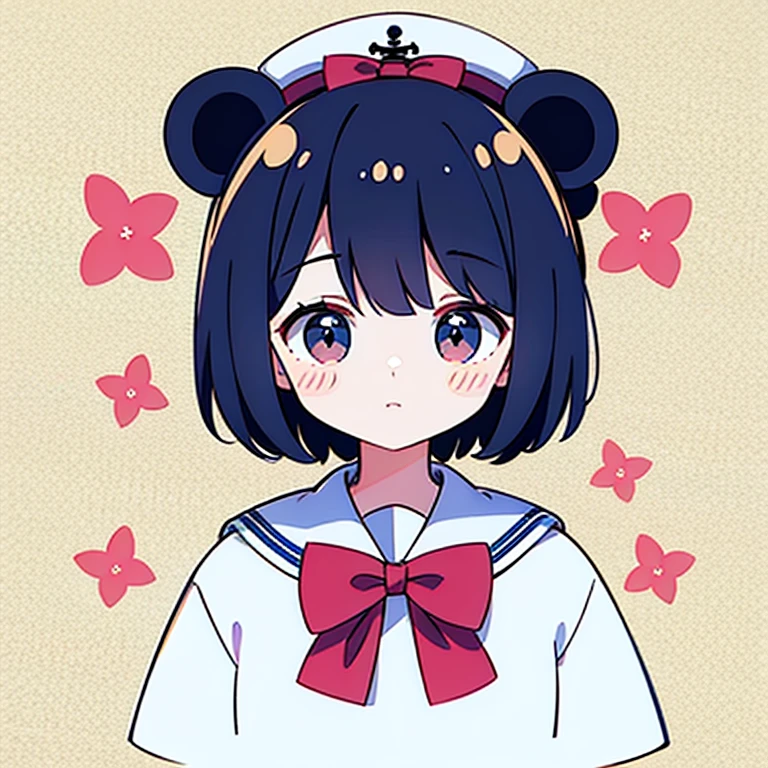 Create an illustration of a character with short hair and a sailor uniform , White Sailor Suit,Red bow tie and flowers in hair. Next to the character, Contains a cute bear with exaggerated features, Wearing a small hat and bow tie. Place it on a collage-like background of various illustrations and images..I&#39;m wearing a small jacket,Big shooting star