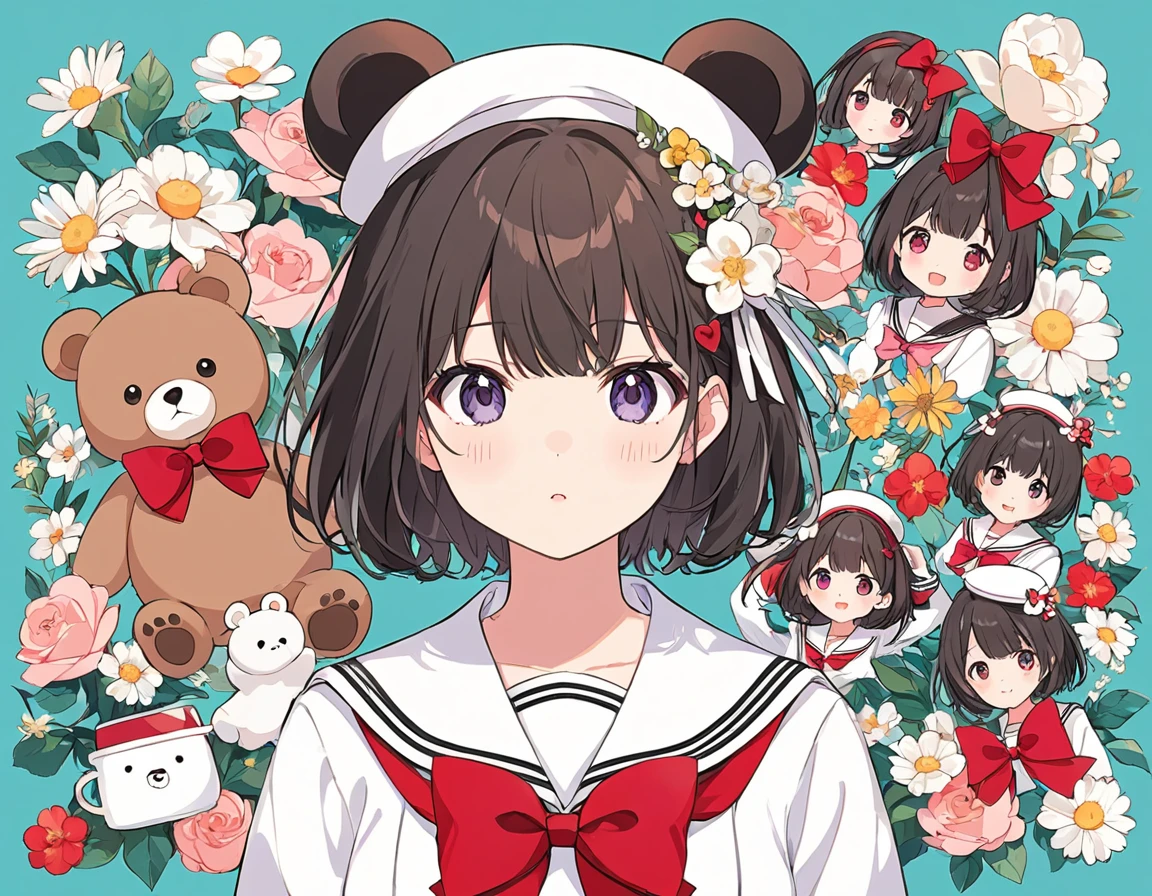 Create an illustration of a character with short hair and a sailor uniform , White Sailor Suit,Red bow tie and flowers in hair. Next to the character, Contains a cute bear with exaggerated features, Wearing a small hat and bow tie. Place it on a collage-like background of various illustrations and images..I&#39;m wearing a small jacket,Big shooting star