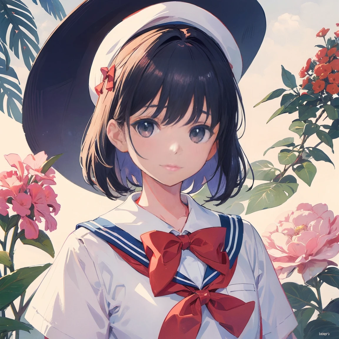 Create an illustration of a character with short hair and a sailor uniform , White Sailor Suit,Red bow tie and flowers in hair. Next to the character, Contains a cute bear with exaggerated features, Wearing a small hat and bow tie. Place it on a collage-like background of various illustrations and images..I&#39;m wearing a small jacket,Big shooting star