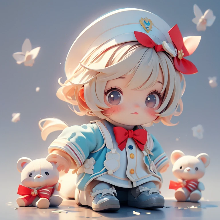 Create an illustration of a character with short hair and a sailor uniform , White Sailor Suit,Red bow tie and flowers in hair. Next to the character, Contains a cute bear with exaggerated features, Wearing a small hat and bow tie. Place it on a collage-like background of various illustrations and images..I&#39;m wearing a small jacket,Big shooting star