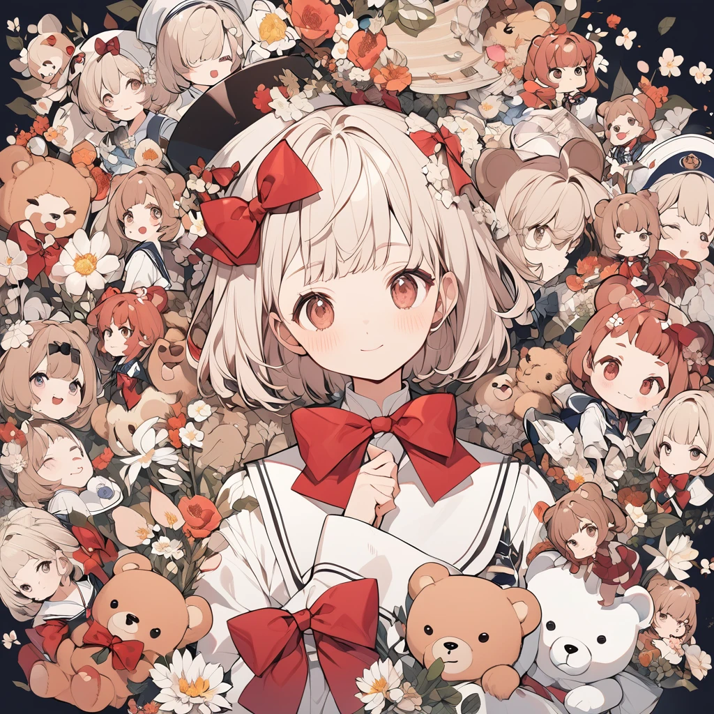 Create an illustration of a character with short hair and a sailor uniform , White Sailor Suit,Red bow tie and flowers in hair. Next to the character, Contains a cute bear with exaggerated features, Wearing a small hat and bow tie. Place it on a collage-like background of various illustrations and images..I&#39;m wearing a small jacket,Big shooting star