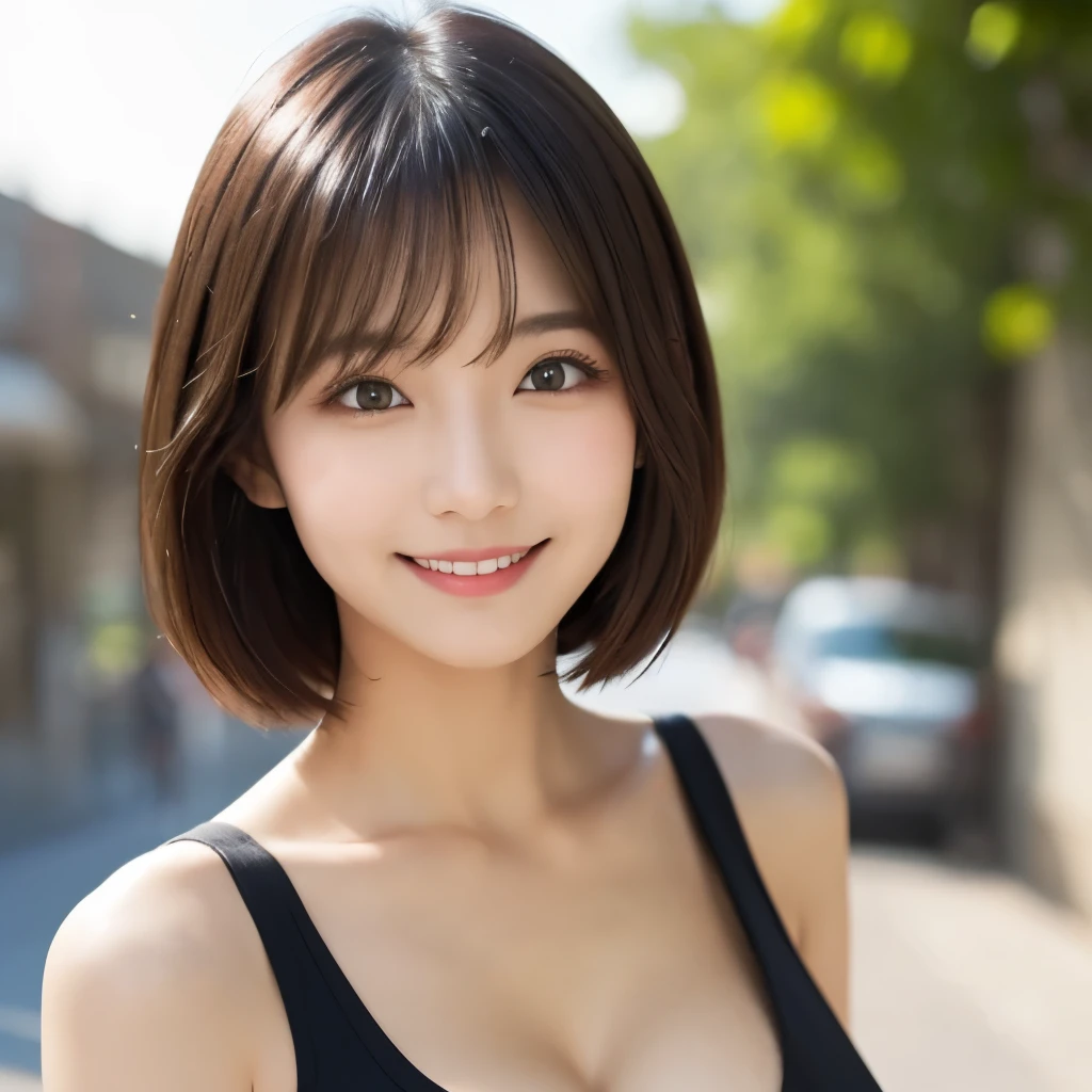 Just a cute Japanese woman、Lips are glossy and sparkling、Cute Smile、Wearing only a tank top、I can see her big cleavage、Short hair blowing in the wind