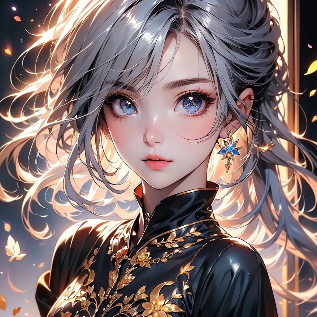 1girl,Handsome face、Absurd、Mysterious、(((The best composition、Best Quality、Masterpiece、Official Art、Super detailed、32K、CG、HD、High resolution、High definition、Perfect Anatomy)))、Gentle light source、Shiny skin、diamond、hologram、（Shiny Hair、Gradient Hair、Multicolored Hair）、cute、cute、Long eyelashes、double eyelid、（Complex Eyes、Sparkling eyes）、Small fairy wings growing from her waist、シンプルな🌸の背景、Cowboy Shot、Acrylic frame with black rose carving、Golden charm