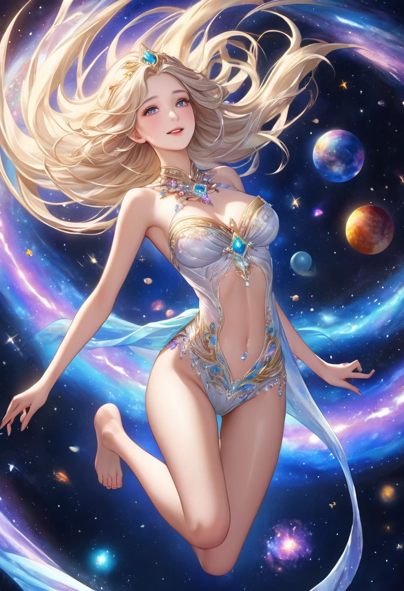 full body, fantastic 8k book cover art of beautiful girl, starry eyes, perfect symmetrical face, soft focus, artgerm, vibrant colors, by Canon EOS, SIGMA Art Lens 35mm F1.4, ISO 200, sparkling hair, extremely detailed, photorealistic, beautiful detailed eyes, ice blue eyes, sharp focus, shiny hair, large breasts, long blonde hair, bedroom, jeans, <lora:bodychainConcept_1:0.5>, chain