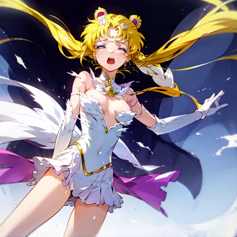 masterpiece,best quality,highly detailed,1girl,solo,blush, hologram,holographic body, dynamic pose,holographic dress, eternal sailor moon, disintegrate effect, from below, big breast, wind blowing, torn clothes, tearing clothes, closed eyes, screaming, tilt head