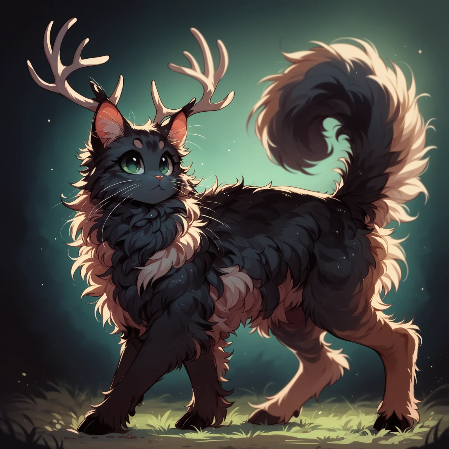 Make her in chibi style, cuter, fluffier, but keep her antler, fluffy deer tail and 2 backleg hoofs, keep her maincoon feature, cat face, 2 cat front legs