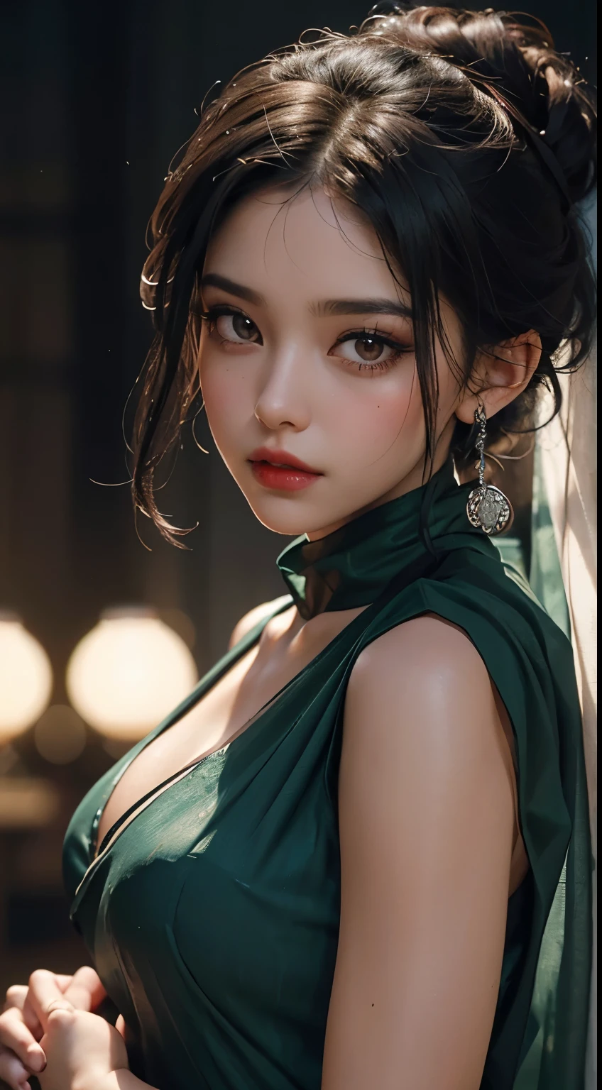 (8k, RAW photo, photorealistic:1.25) ,( lipgloss, eyelashes, gloss-face, glossy skin, best quality, ultra highres, depth of field, chromatic aberration, caustics, Broad lighting, natural shading,Kpop idol) looking at viewer with a serene and goddess-like happiness, baby face, sagging breasts, huge breasts, gigantic breasts, perfect , Nsfw, wearing green hijab, sexy