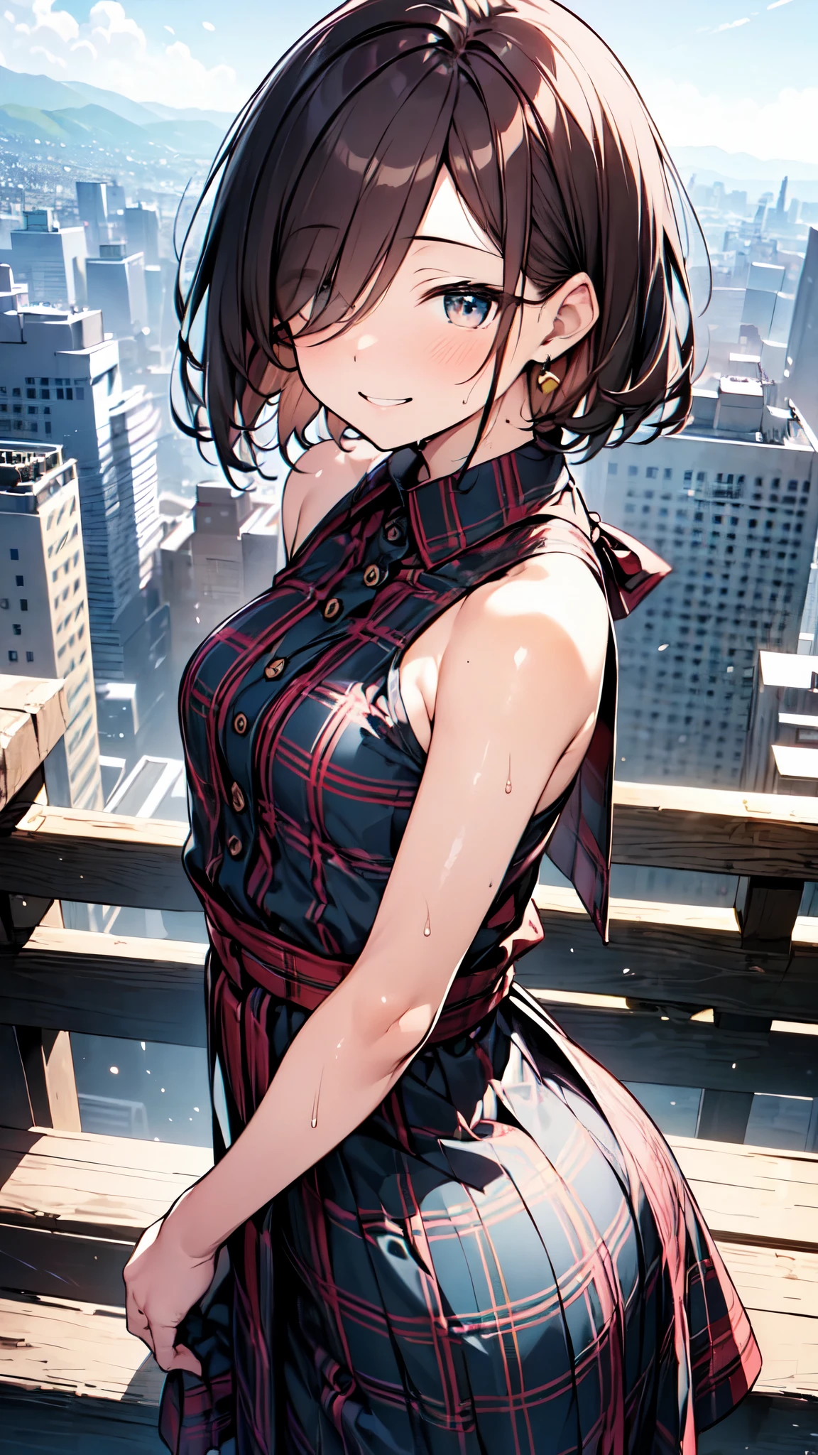 1People Women、(Brown hair short cut)、Wet Hair、Beautiful brown hair、Perfect Face、Shiny skin、Clear brown eyes、Slightly chubby、Small breasts、The butt is small、(((Teasing Smile、Close one eye)))、Keep your head small、Watercolor、
Let's think step by step,Best Quality、masterpiece、 Ultra-high resolution 、8k、Show anime style 、Soft Line Art、Digital Enhancement、Flowing fabric、Soft Drawing、 Ultra-detailed digital anime art、 Clear facial depiction、Super detailed shojo manga character art、 Best Qualityの色
((View of the city from the top of the hill))、(Panoramic View:1.5)、(((Tartan Dress、Cowboy Shot)))