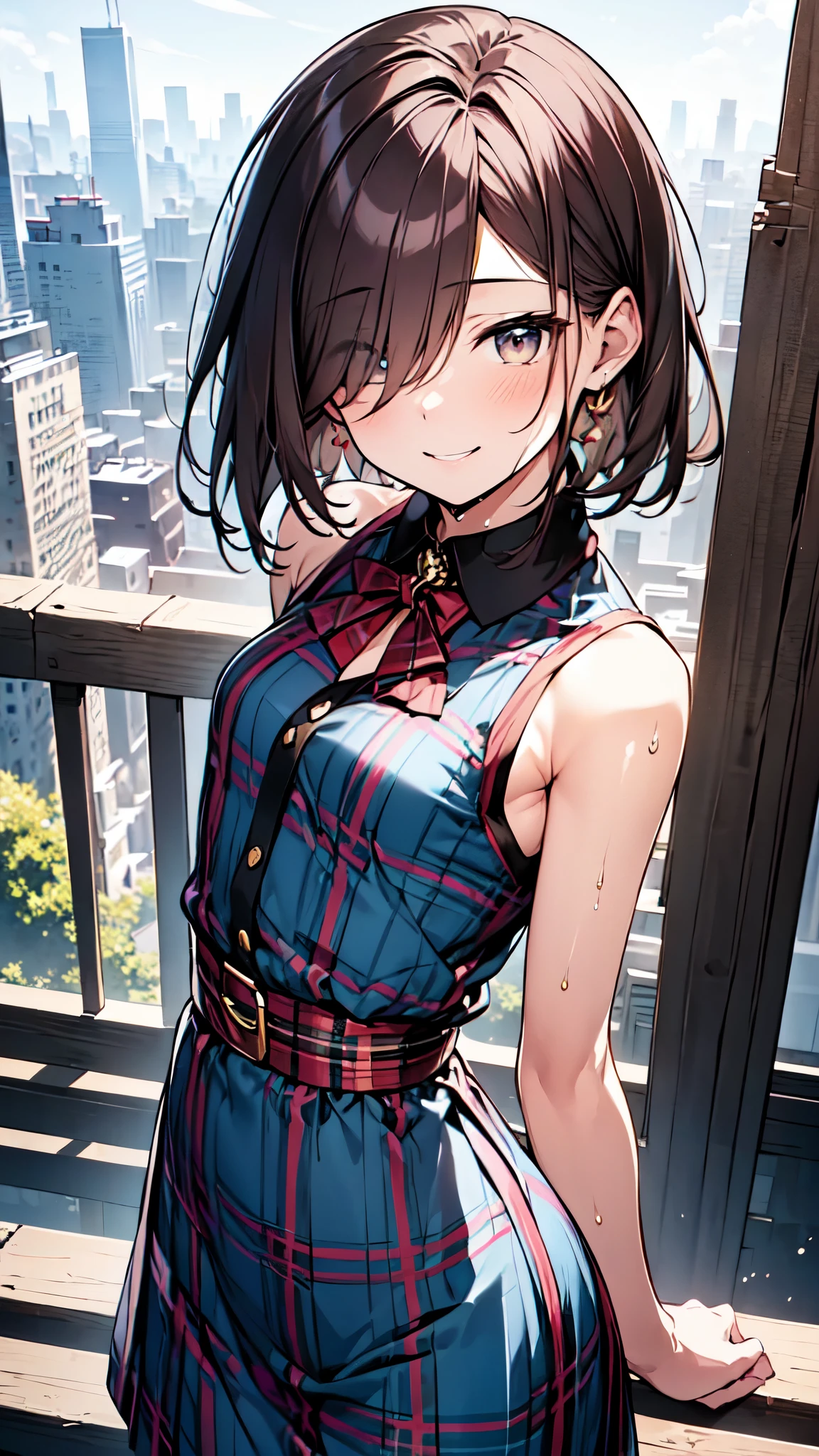 1People Women、(Brown hair short cut)、Wet Hair、Beautiful brown hair、Perfect Face、Shiny skin、Clear brown eyes、Slightly chubby、Small breasts、The butt is small、(((Teasing Smile、Close one eye)))、Keep your head small、
Let's think step by step,Best Quality、masterpiece、 Ultra-high resolution 、8k、Show anime style 、Soft Line Art、Digital Enhancement、Flowing fabric、Soft Drawing、 Ultra-detailed digital anime art、 Clear facial depiction、Super detailed shojo manga character art、 Best Qualityの色
((View of the city from the top of the hill))、(Panoramic View:1.5)、(((Tartan Dress、Cowboy Shot)))