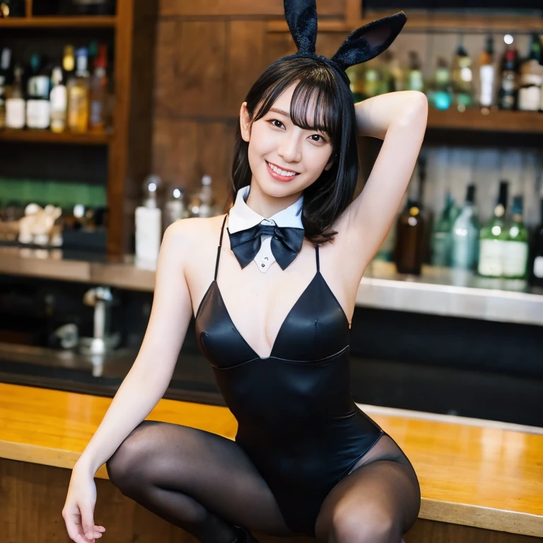 (photorealistic:1.2), Photo of a beautiful Japanese model 30 years old woman
BREAK
Professional lighting
BREAK
(gigantic breasts, huge breasts):1.5, (playboy bunny):1.5, (rabbit ears, black rabbit ears, fake rabbit ears):1.1, (pantyhose, black pantyhose):1.1, (bowtie, wrist cuffs):1.2, (black highleg leotard):1.1, high heels:1.1, latex:1.4
BREAK
short hair, brown hair, smile, cute face, curvy body
BREAK
(squatting legs:1.2), (spread legs:1.2), (arms up, arms behind head):1.2
BREAK
looking at viewer, from below, medium shot, bar, bar counter