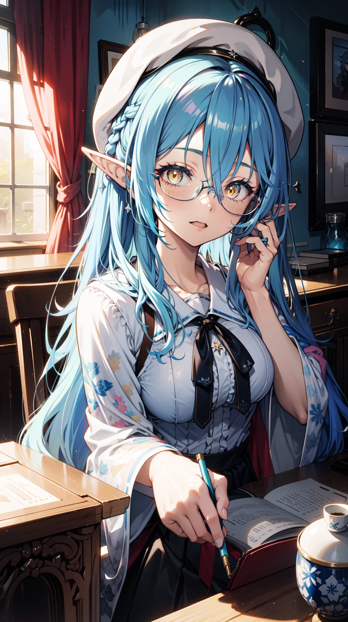 Anime Girl, Fantasy illustration, Flowing hair，Transparent Clothes， office，ol dress up，Beautiful young elf, Dark blue hair，中Long hair，Special hairstyle，Shiny Shiny，in love，Hair Ring，Happy，Beautiful fantasy anime, 闪亮Flowing hair, Ethereal Anime, Beautiful anime artwork, 1 Girl, Solitary, blush, Snowflake Rummy, student，Beret，in love，happy，Long hair, Hair between eyes, Glasses, 