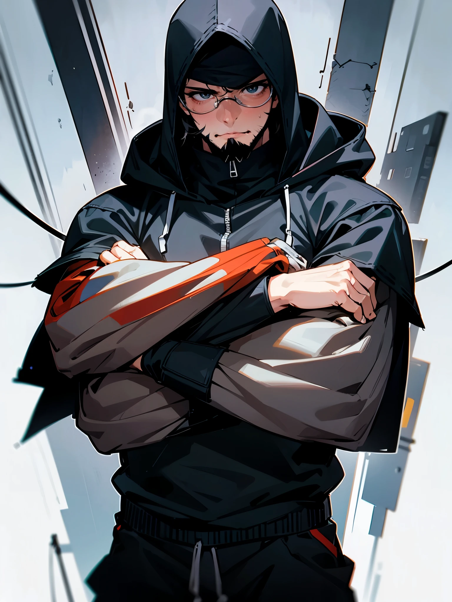 1male, adult, Messy hair, black hair, sombrero, hood over the head, black eyes, short beard, glasses, Lazy expression, serious expression, cable,  black military suit, black sweatpants, muscular build, Crossed arms