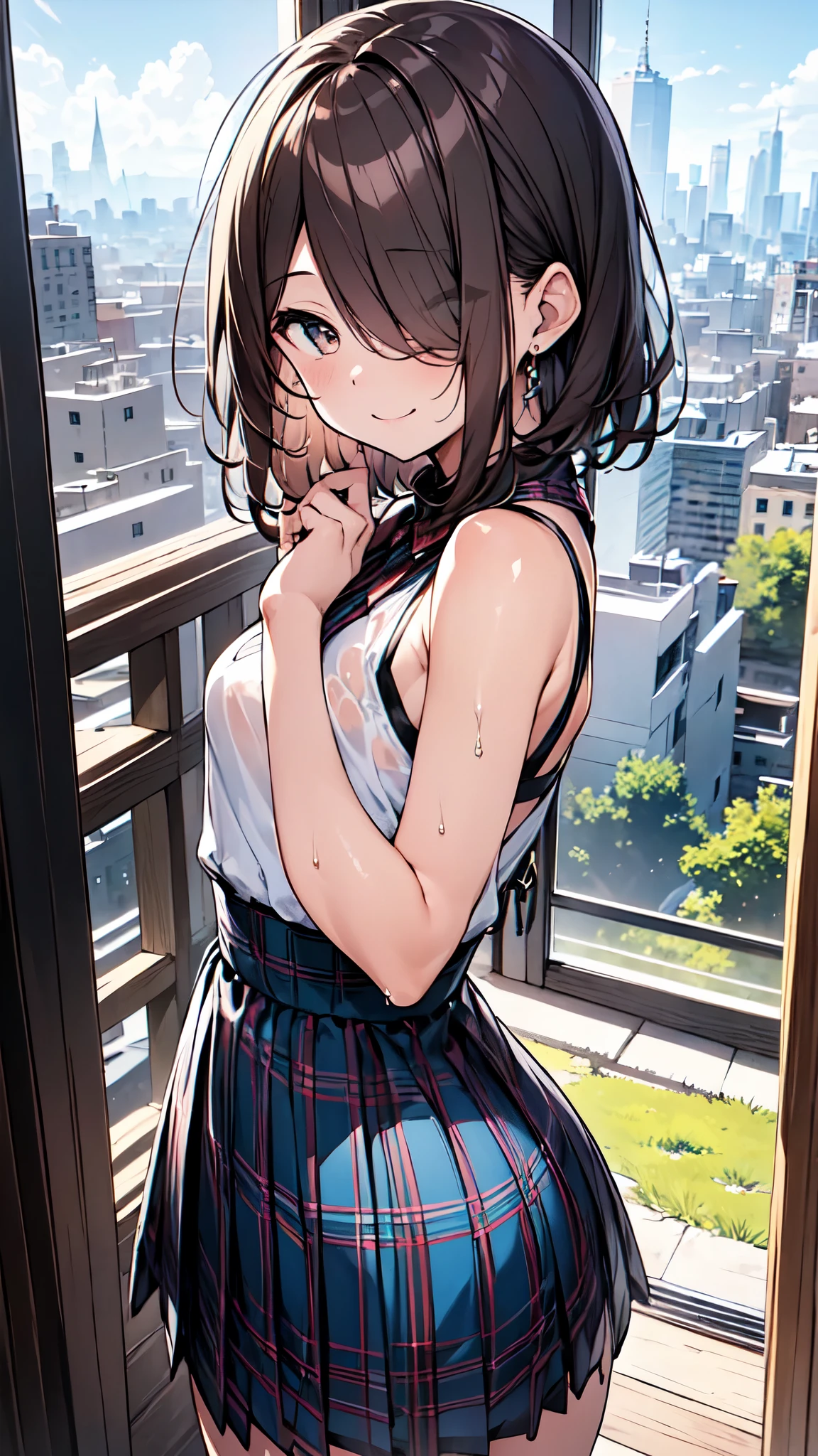 1People Women、(Brown hair short cut)、Wet Hair、Beautiful brown hair、Perfect Face、Shiny skin、Clear brown eyes、Slightly chubby、Small breasts、The butt is small、(((Teasing Smile、Close one eye)))、Keep your head small、
Let's think step by step,Best Quality、masterpiece、 Ultra-high resolution 、8k、Show anime style 、Soft Line Art、Digital Enhancement、Flowing fabric、Soft Drawing、 Ultra-detailed digital anime art、 Clear facial depiction、Super detailed shojo manga character art、 Best Qualityの色
((View of the city from the top of the hill))、(Panoramic View:1.5)、(((Tartan Dress、Cowboy Shot)))