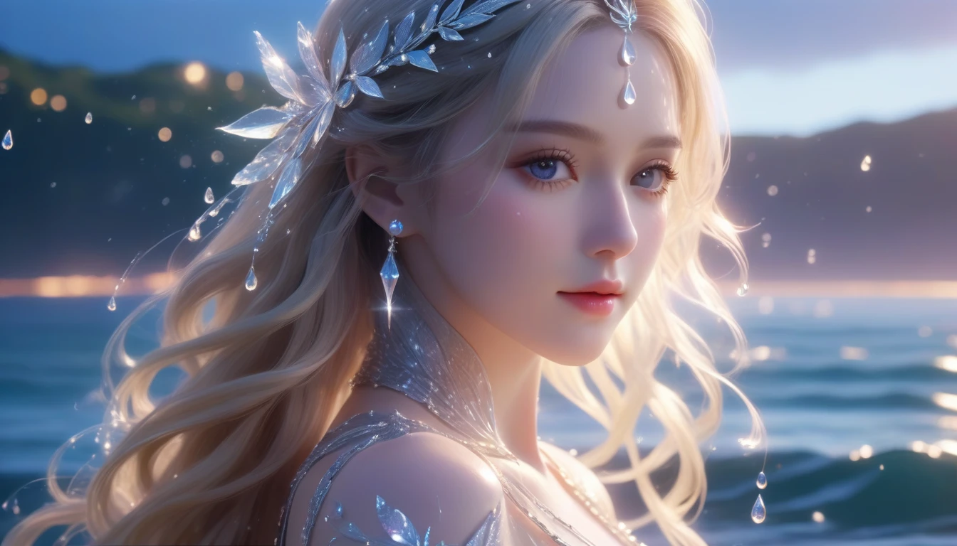 A Masterpiece In 32K Resolution, Supreme Quality, Super Detail, Official Art, Cinematic Lighting, Beautiful And Aesthetic, Very High-Resolution 32K Wallpaper.
A Girl With Crystal-Textured Skin, A Cold Look, And Smooth Movement, Adorned With An Attractive Pattern And Dressed Sensually To Highlight Her Ample Breasts. (Sparkling Raindrops) (Beach in Background), Dewy and Luminous Skin, Soft and Introspective Look, Pale Golden Hair, Long with Loose Waves, Violet Eyes, Peaceful Pose, Delicate and Ethereal, Gentle Tide, ((Intricate Eye Details)), Extremely Detailed, Moody Cinematic Lighting, ((Subtle Smile)), Calm Ocean Surface, (Original Portraits), Super Detailed, Incredibly Detailed, (An Otherworldly and Tranquil Beauty), Vivid Eyes, Upper Body, Facing Slightly Away, Mystically Quiet, Front View.