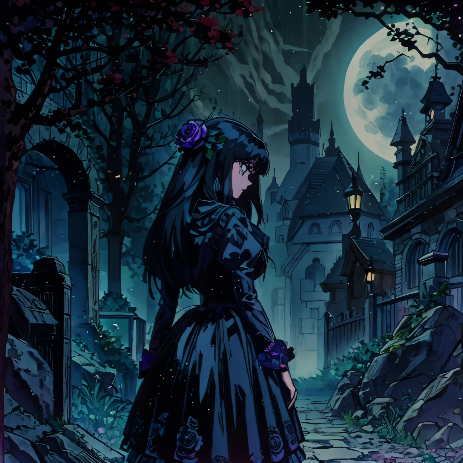 dark roses garden, moonlight, beauty night, dark atmosphere, horror theme