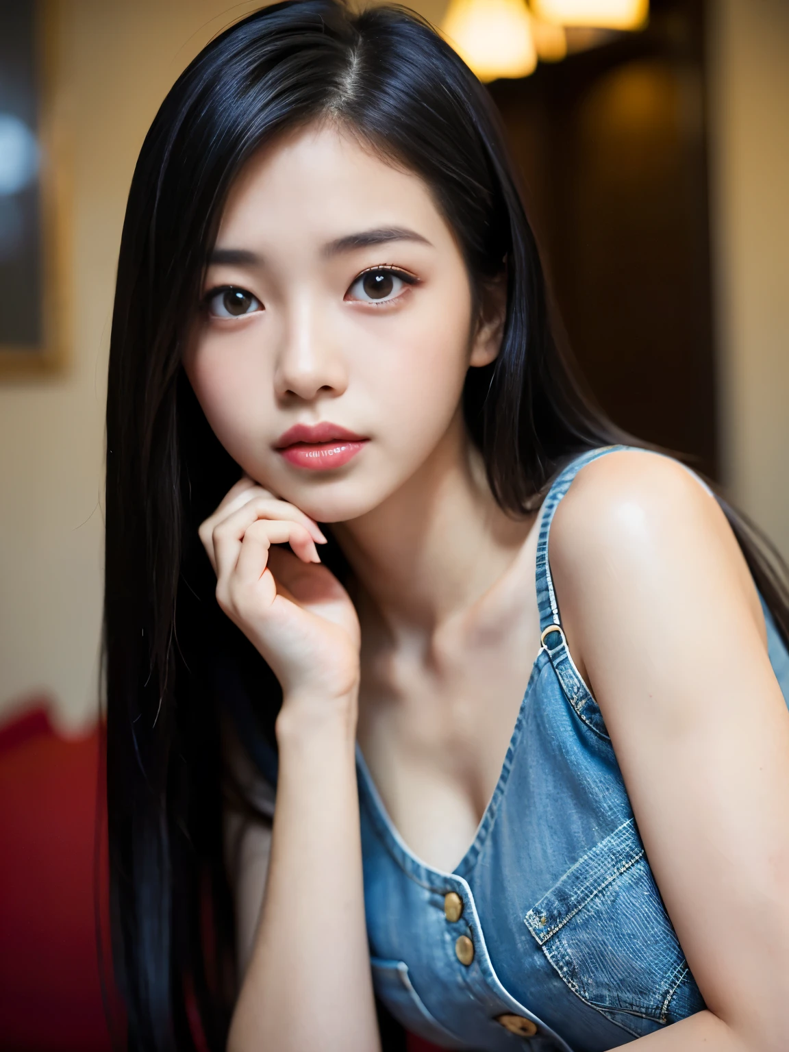 standing, smile, happy, joyful, (looking at viewer), cute face, diamond face shape, (((Masterpiece))), living room, (((Best Quality: 1.4))), ((Super Detail: 1.4)), gorgeous exotic features, amber neon eyes:1.5, long black hair, hyper detailed face features, expressivo face, detailed textures, blue skintone, natural skin shader, volumetrics, warm undertones under her skin, ultra High resolution, pair skin, korean, black hair, cute face, (full show perfect body), huge rounded breasts, black and white maid dress, 8k, anatomically correct, (dynamic lighting)