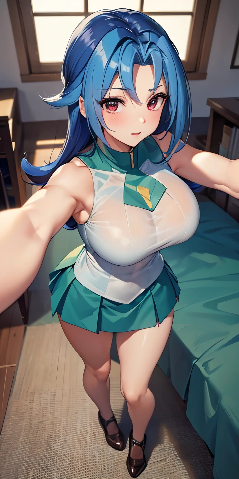 (extremely detailed fine touch:1.2), (natural light, sun light, light rays, dappled light, reflection, shadows, ray tracing:1.2),  mature female, hourglass body , Masterpiece, best quality, highly detailed , AquaKnsb-KJ , skirt , thighhighs, blue shirt , detached sleeves, thigh boots, bow , (selfie:1.2) , (from above , smile , open mouth , blush:1.1) , outdoor , vegetation around, Nsfw