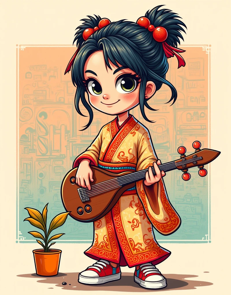 Classical charm，Modern Interest，A Q version girl of a Tang Dynasty lady，Cartoon Style，dignified，Beautiful Tang Dynasty Clothing，Playful，lively，Light beige background，Warm and soft，A string instrument，Guzheng，Elaborate bun，Transparent gauze dress，Artistic atmosphere。The Elegance and Luxury of Tang Dynasty Women，dignified与美丽，Classic and modern，既dignified又lively。 This painting is not only a modern interpretation of Tang Dynasty culture，It is also an exploration of the fusion of tradition and modernity.。Through this creation，We can see the new life of traditional culture in modern art，And the artist&#39;s respect and innovation for traditional culture