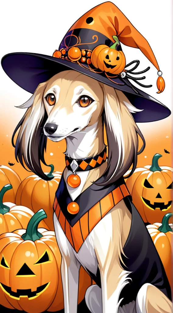 anime style, A strikingly majestic Haloween Saluki wearing a pumpkin hat and a fake orange beads and spider broach, its fur exhibiting a stunning blend of colors, reminiscent of the intricate strokes of a master painter