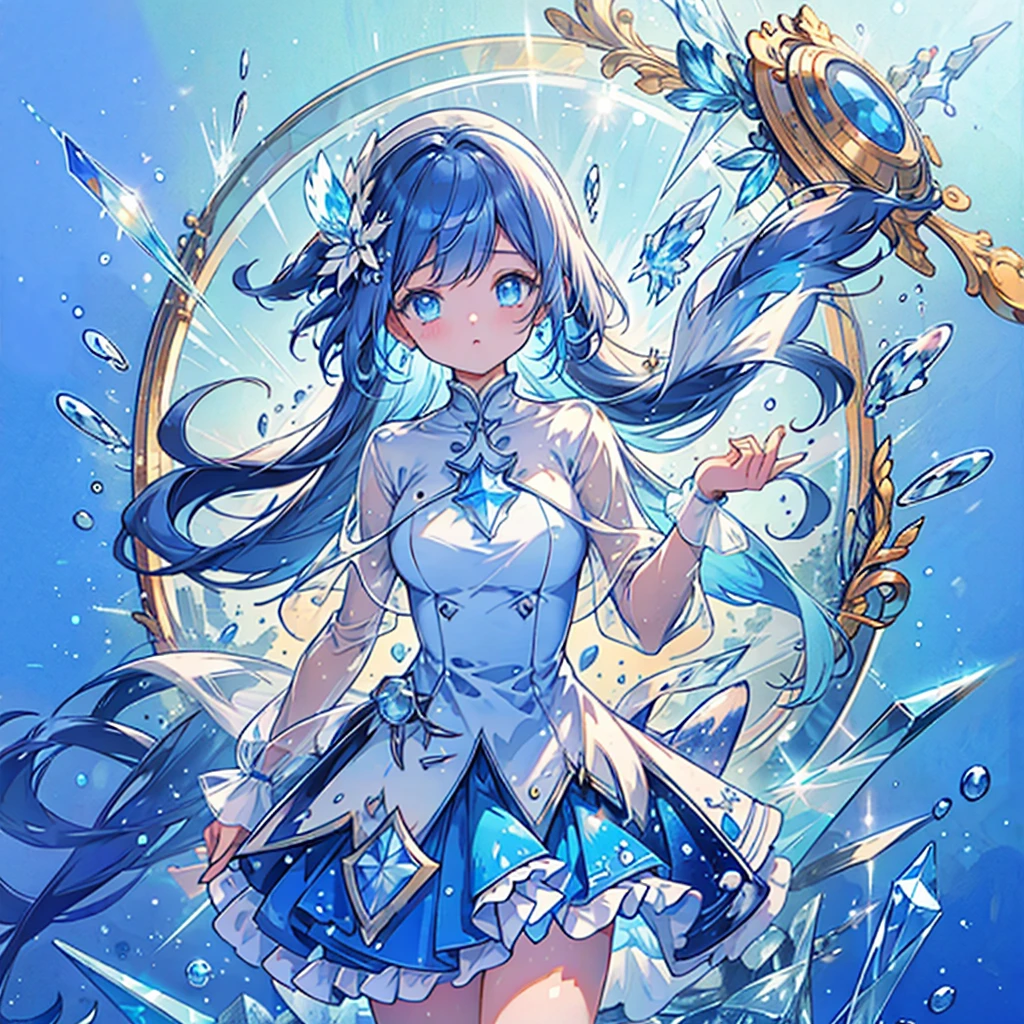 best quality, ultra detailed, female, Geometric, fighting, gradient blue background, cute, in the style of luminosity of water, dynamic angle, leaping figure composition, the glass that is broken and misaligned by the bullet that came out of the gun, cold lighting, fish-eye lens, depth of field, blue hues