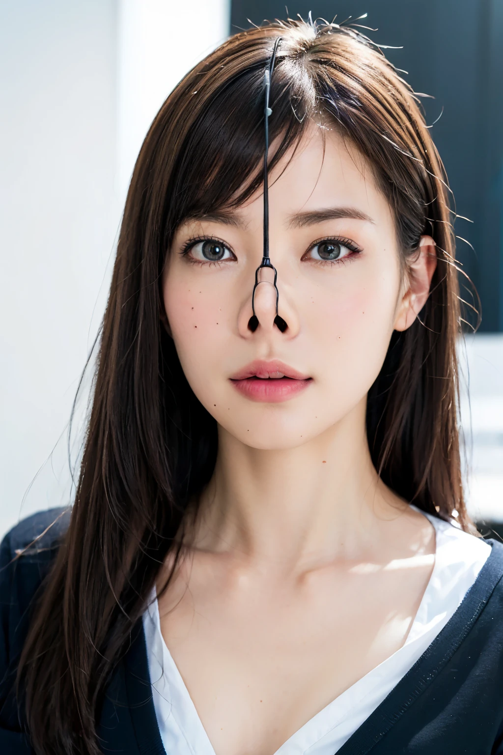 (OfficeのOL:1.4)、(Workplace uniform:1.4)、 (Realistic, photo-Realistic :1.4), (Best Quality, masterpiece:1.2), RAW Photos, High resolution, Intricate details, Very detailed, Realistic and sharp details, Portraiture, (Cowboy Shot, Front view:1.2 ),(Medium chest:1.4)、 Alone, 日本のBeautiful woman, Beautiful woman, Detailed face, detailed eyes, Beautiful Eyes, A sophisticated nose, Pale skin, Fine skin, (Nose hook), metal first round, collarbone, shoulder, ((Office))