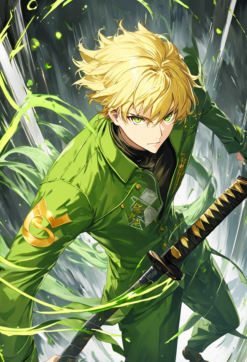 Hair: Blonde and short, slightly messy.
eyes: Bright greens.
Clothes: He wears a green ninja suit with gold details.. The suit has a dragon symbol on the chest.
Weapons: He usually carries a katana.
Physicist: Athletic and slim build, with a trained warrior stance.
facial expression: Brave but with a serious and determined expression, reflecting his role as a leader and hero