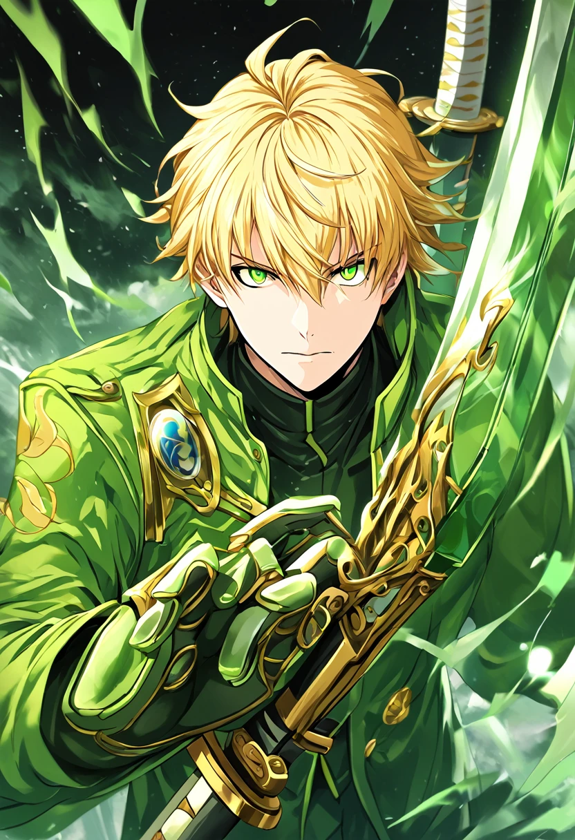 Hair: Blonde and short, slightly messy.
eyes: Bright greens.
Clothes: He wears a green ninja suit with gold details.. The suit has a dragon symbol on the chest.
Weapons: He usually carries a katana.
Physicist: Athletic and slim build, with a trained warrior stance.
facial expression: Brave but with a serious and determined expression, reflecting his role as a leader and hero