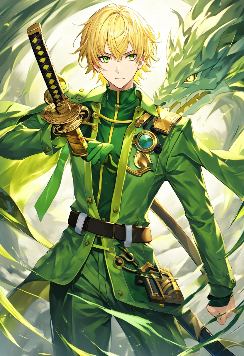 Hair: Blonde and short, slightly messy.
eyes: Bright greens.
Clothes: He wears a green ninja suit with gold details.. The suit has a dragon symbol on the chest.
Weapons: He usually carries a katana.
Physicist: Athletic and slim build, with a trained warrior stance.
facial expression: Brave but with a serious and determined expression, reflecting his role as a leader and hero