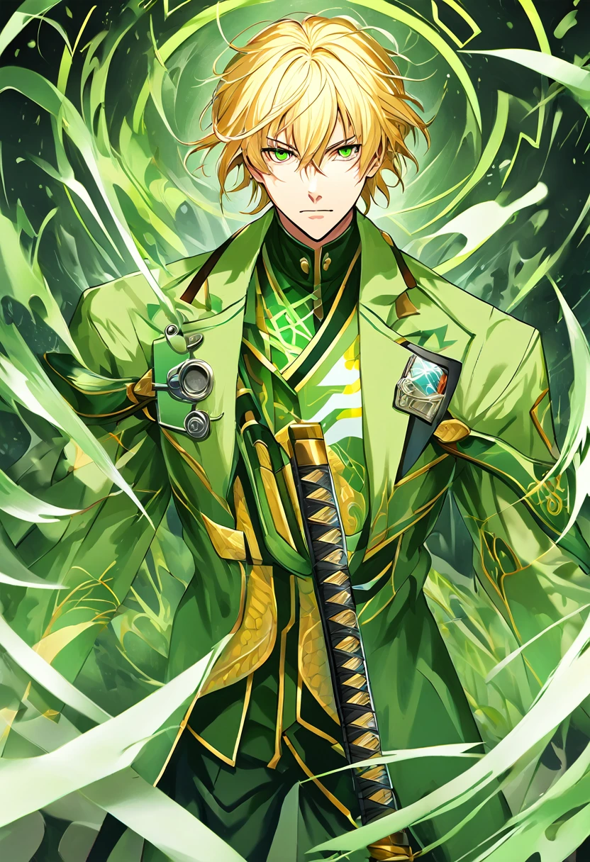 Hair: Blonde and short, slightly messy.
eyes: Bright greens.
Clothes: He wears a green ninja suit with gold details.. The suit has a dragon symbol on the chest.
Weapons: He usually carries a katana.
Physicist: Athletic and slim build, with a trained warrior stance.
facial expression: Brave but with a serious and determined expression, reflecting his role as a leader and hero