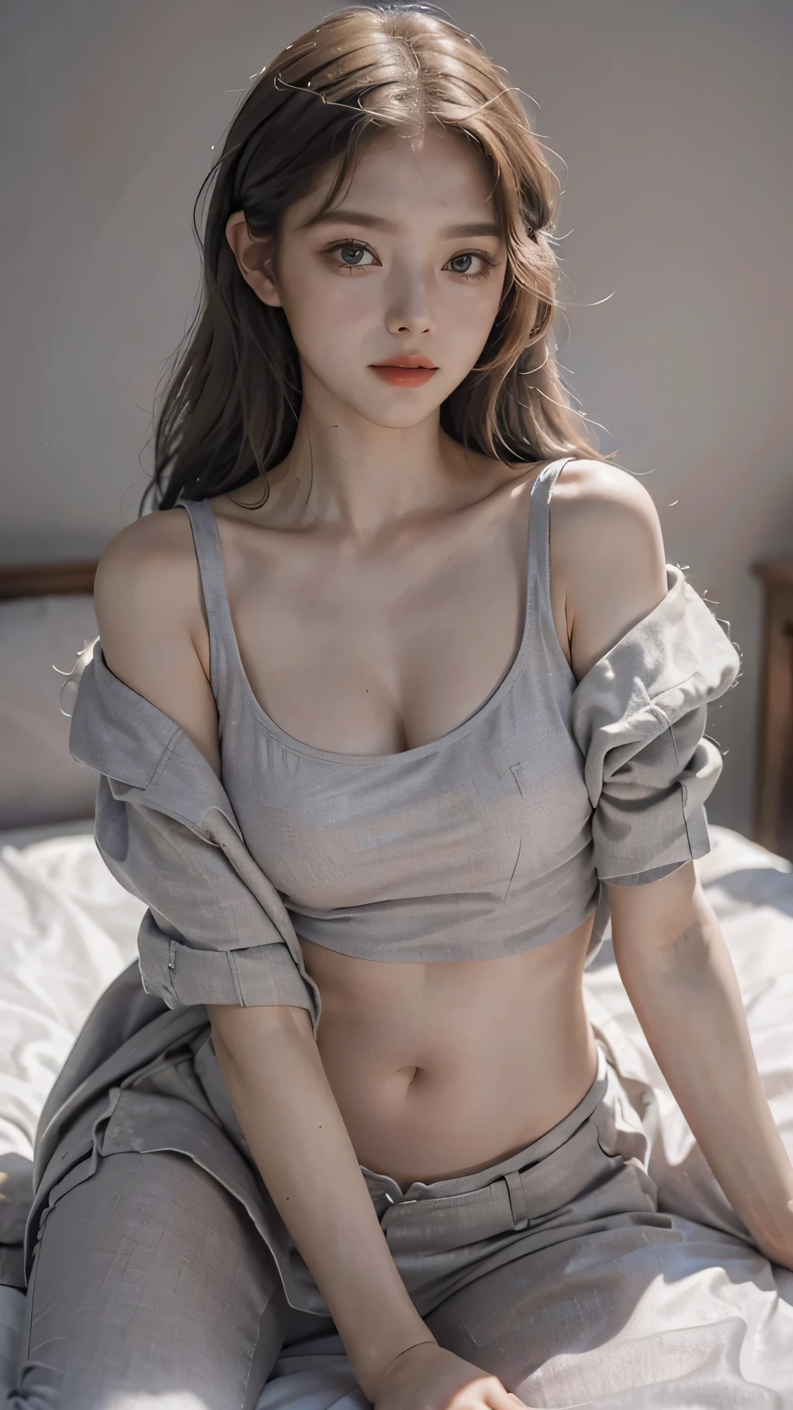 asian babes (she는 손을 숨기고 있다, she의 핑크색 브래지어를 공개하다), necklace, , round shaped chest, covered shirt((she)), ((medium shot, whole body, slim waist)), Hair up too、 shining eyes, blush, Karl Larsson, Alphonse Mucha, chiaroscuro, film glen, reflected light, (((long shot))), from the knees up,to show ((())), masterpiece, high details, ((gray background, studio lighting )) touch strap 