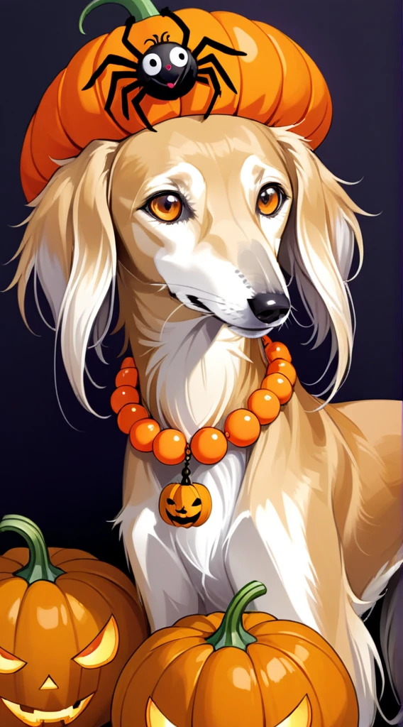 anime style, A strikingly majestic Haloween Saluki wearing a pumpkin hat and a fake orange beads and spider broach, its fur exhibiting a stunning blend of colors, reminiscent of the intricate strokes of a master painter