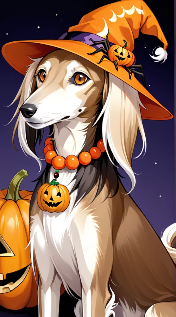 anime style, A strikingly majestic Haloween Saluki wearing a pumpkin hat and a fake orange beads and spider broach, its fur exhibiting a stunning blend of colors, reminiscent of the intricate strokes of a master painter