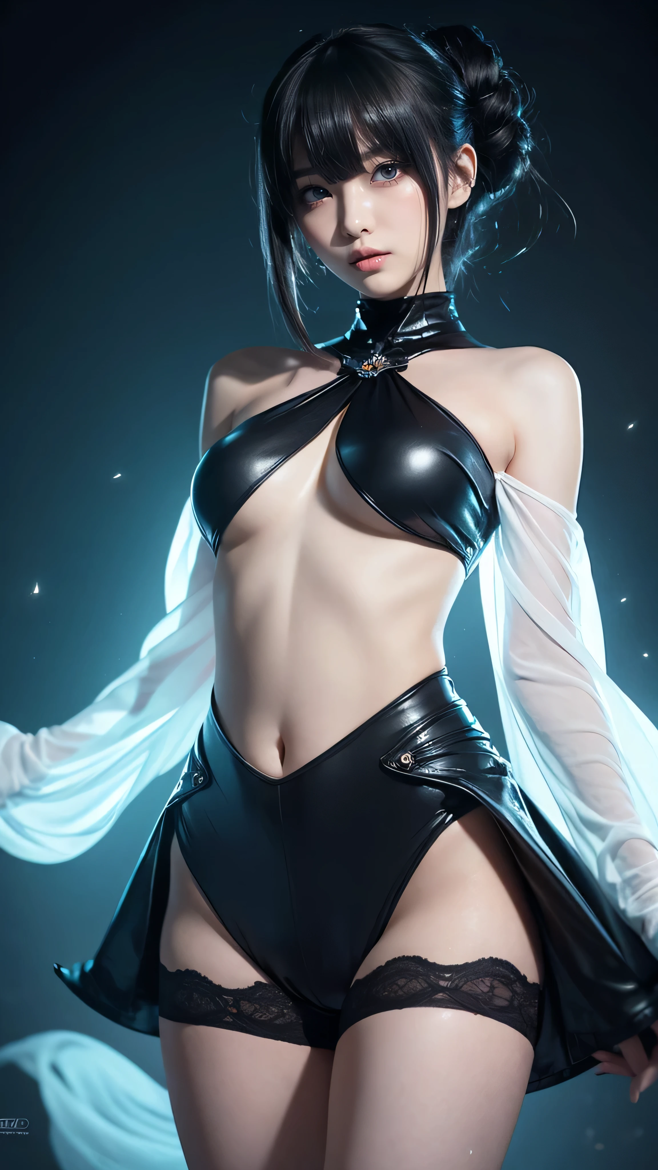 Beautiful Ninja Bodysuit。Beautiful Face。big eyes,Long eyelashes。High nose bridge。Beautiful clavicle。White and tender skin,Pointed chest。Thin waist and hips。Long legs and beautiful feet。Thighs exposed。Exposed shoulders。High resolution,Professional Lighting。High Detail。.